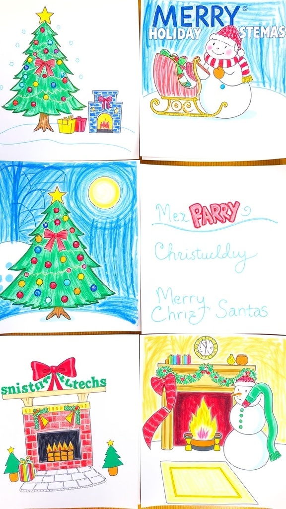 A collection of Christmas-themed drawings including a tree, snowman, Santa, and fireplace.